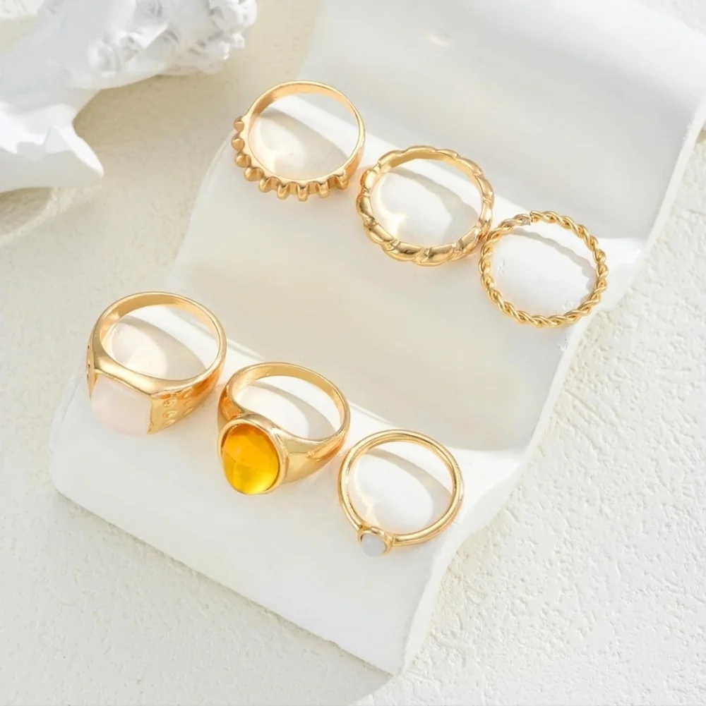 Gold Tone Mixed Stone Stackable Rings - White & Amber Accents 6 Pc
